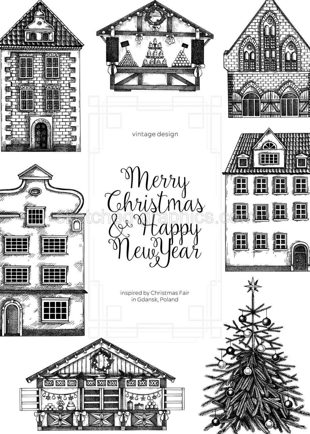 Merry Christmas card template. Architecture sketch. Christmas fair flyer. Hand-drawn vector illustration.NOT AI generated Illustration
